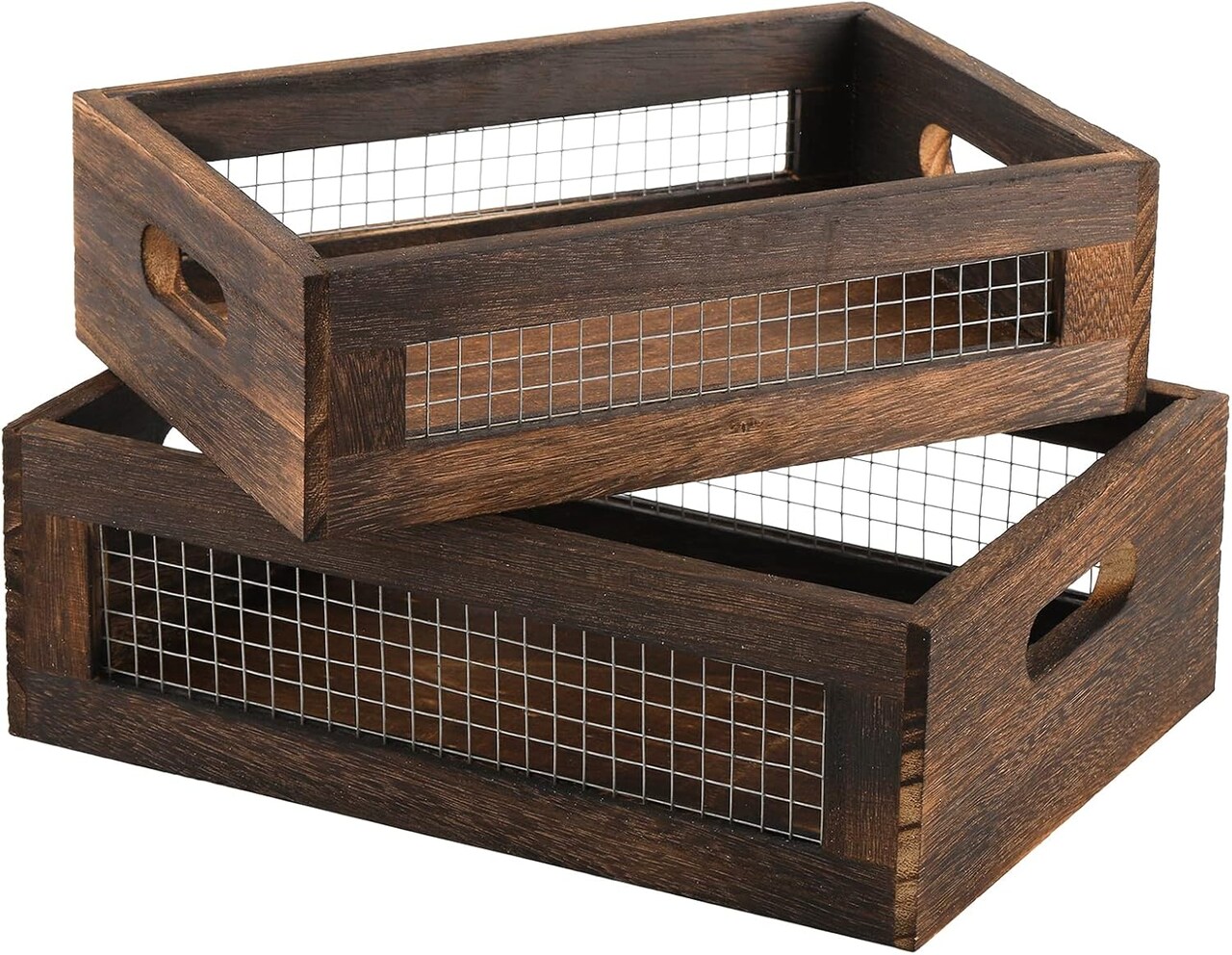 Set of 2 Rustic Nesting Wooden Crates – Small Decorative Boxes with Handles for Countertop, Fruit & Vegetable Storage, Kitchen, Bathroom, Pantry Organization, and Gift Baskets